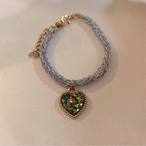 Blue Braided Glitter Thread Bracelet with Green Glitter Heart Charm
